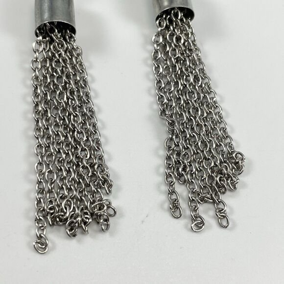 Silver Tone Faux Pearl Chain Tassel Dangle Earrings Fashion Boho Statement - Picture 6 of 7